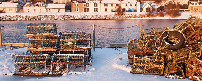 a pile of lobster pots on the snow in front of water